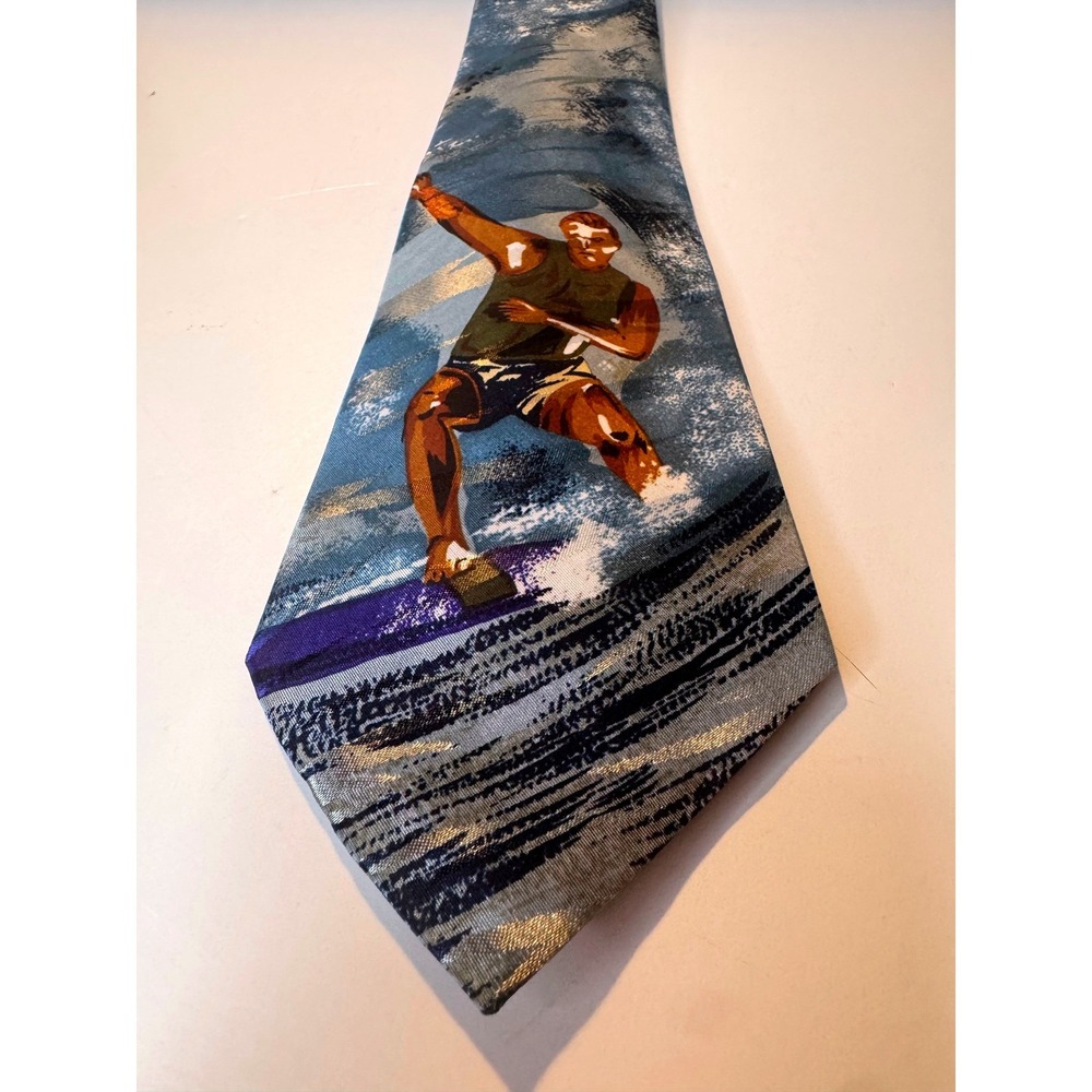 Vintage Florence & K Inc Silk Surfing Necktie Blue Ocean Surfer Tie Made in USA